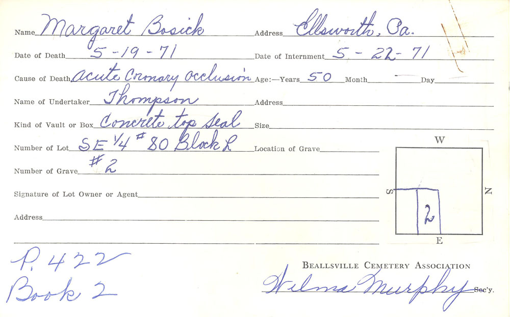 Margaret Bosick burial card